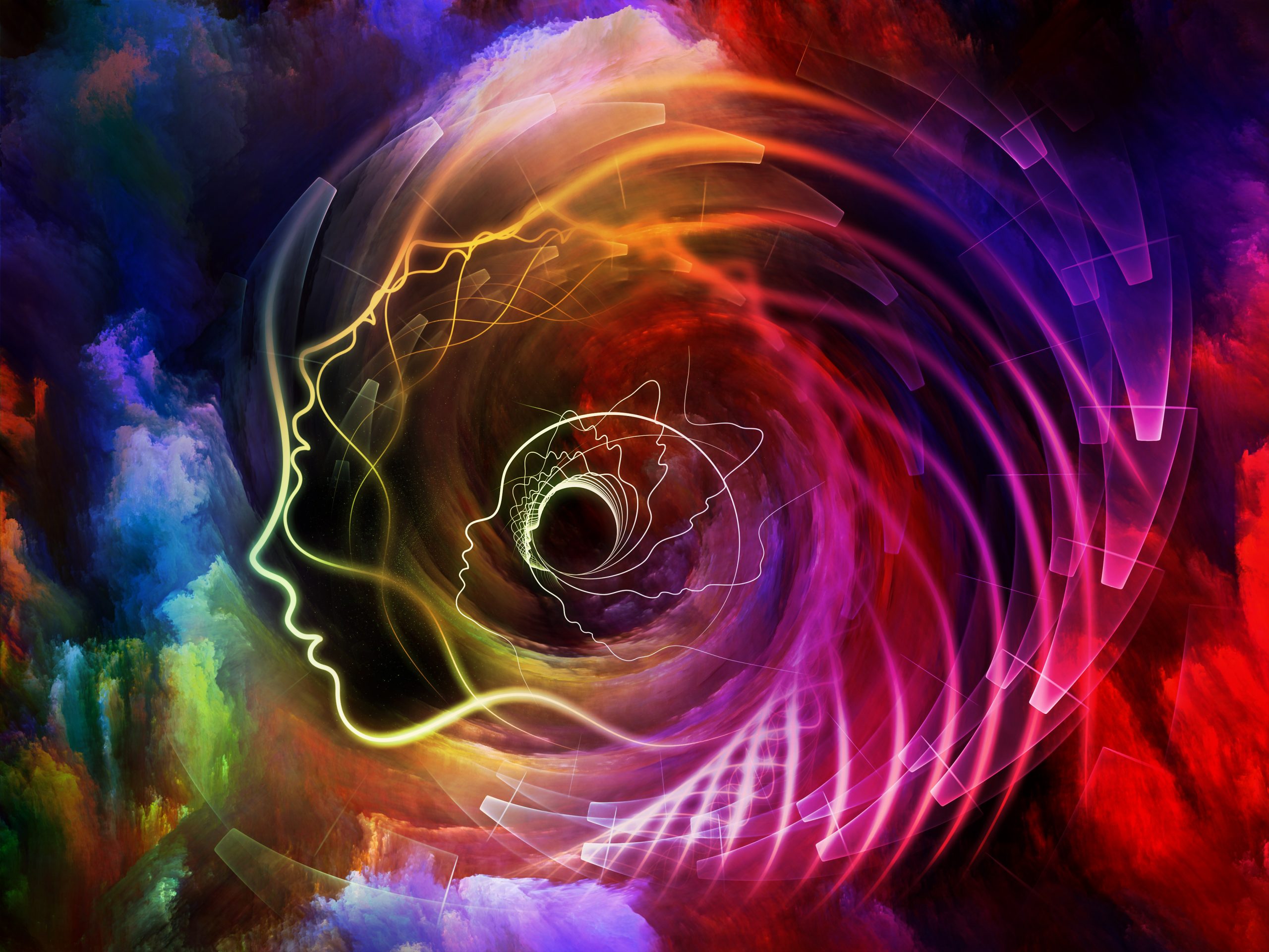 Eternal Recurrence Geometry of the Soul series two. Interplay of human profile and abstract elements on the subject of spirituality, science, creativity and human mind